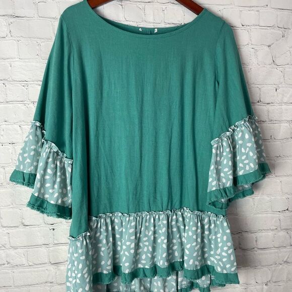 Umgee Linen Blend Animal Print Bell Sleeve Round Neck Top with Ruffle Hem Large - Picture 6 of 8